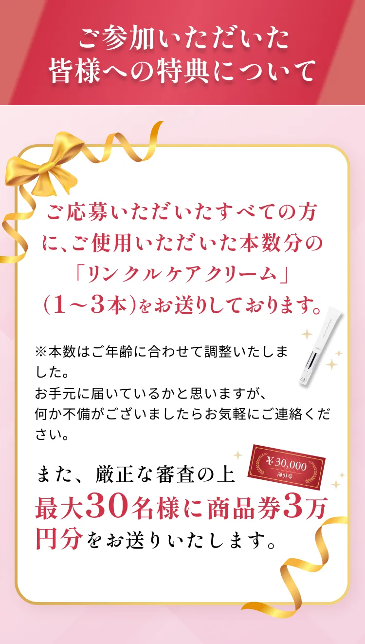 ご参加いただいた皆様への特典について ご応募いただいたすべての方に、ご使用いただいた本数分の「リンクルケアクリーム」（1〜3本）をお送りしております。※本数はご年齢に合わせて調整いたしました。お手元に届いているかと思いますが、何か不備がございましたらお気軽にご連絡ください。また、厳正な審査の上最大30名様に商品券3万円分をお送りいたします。